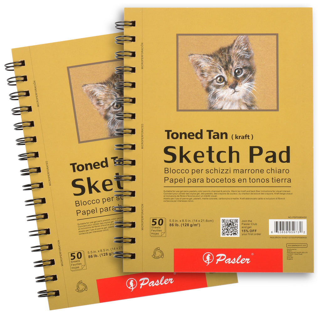 Pasler 5.5X8.5" Toned tan Sketch Pad,2 Pack 100 Sheets (86lb./128gsm), Spiral Bound Artist Sketch Book, Acid Free Drawing Paper