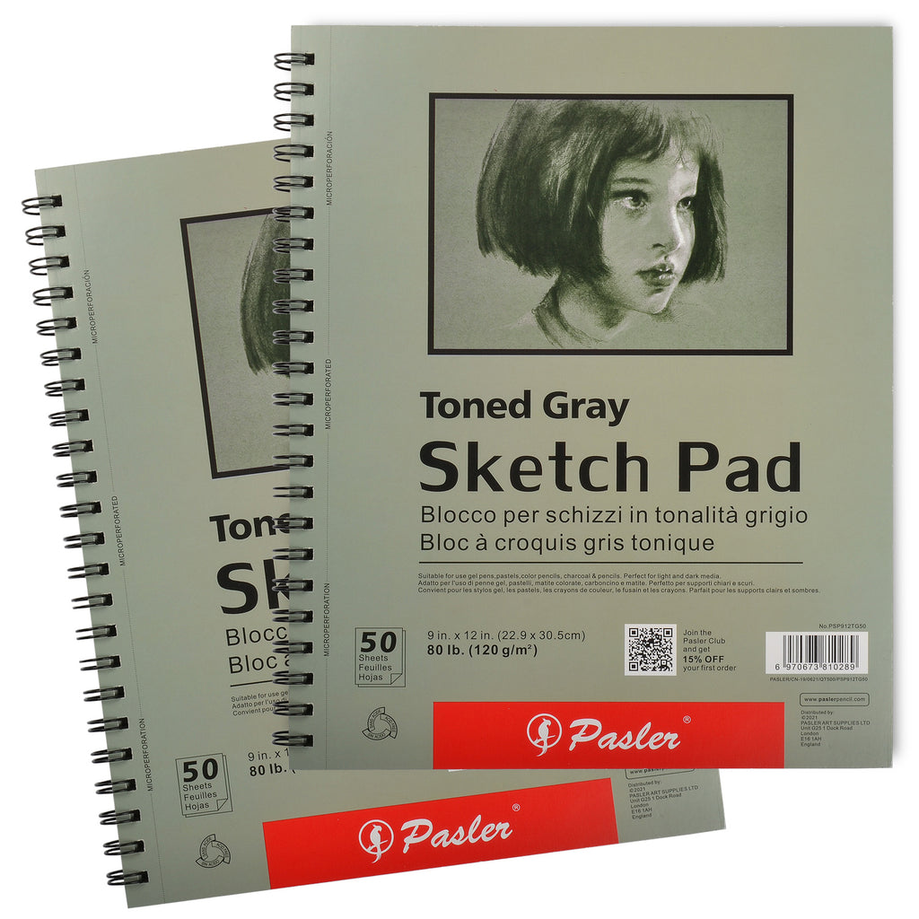 Pasler 9X12" Toned Gray Sketch Pad, 2 pack,100 Sheets (80lb./120gsm), Spiral Bound Artist Sketch Book, Acid Free Drawing Paper