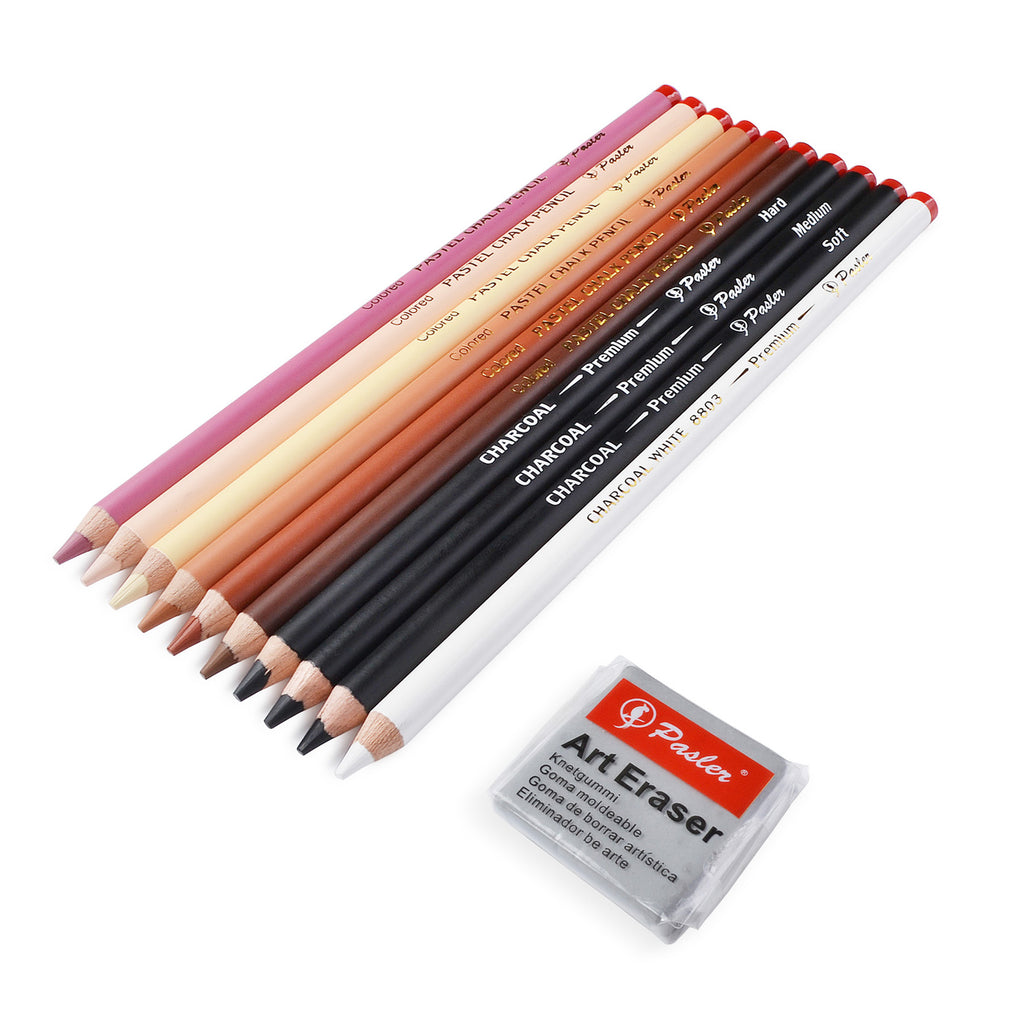 Pasler Skin Tone Pastel Chalk Pencils and Charcoal Pencil - Set of 11 Count including(6 Pastel pencil,3 Charcoal Black pencil,1 Charcoal white pencil and 1 Kneaded Eraser)