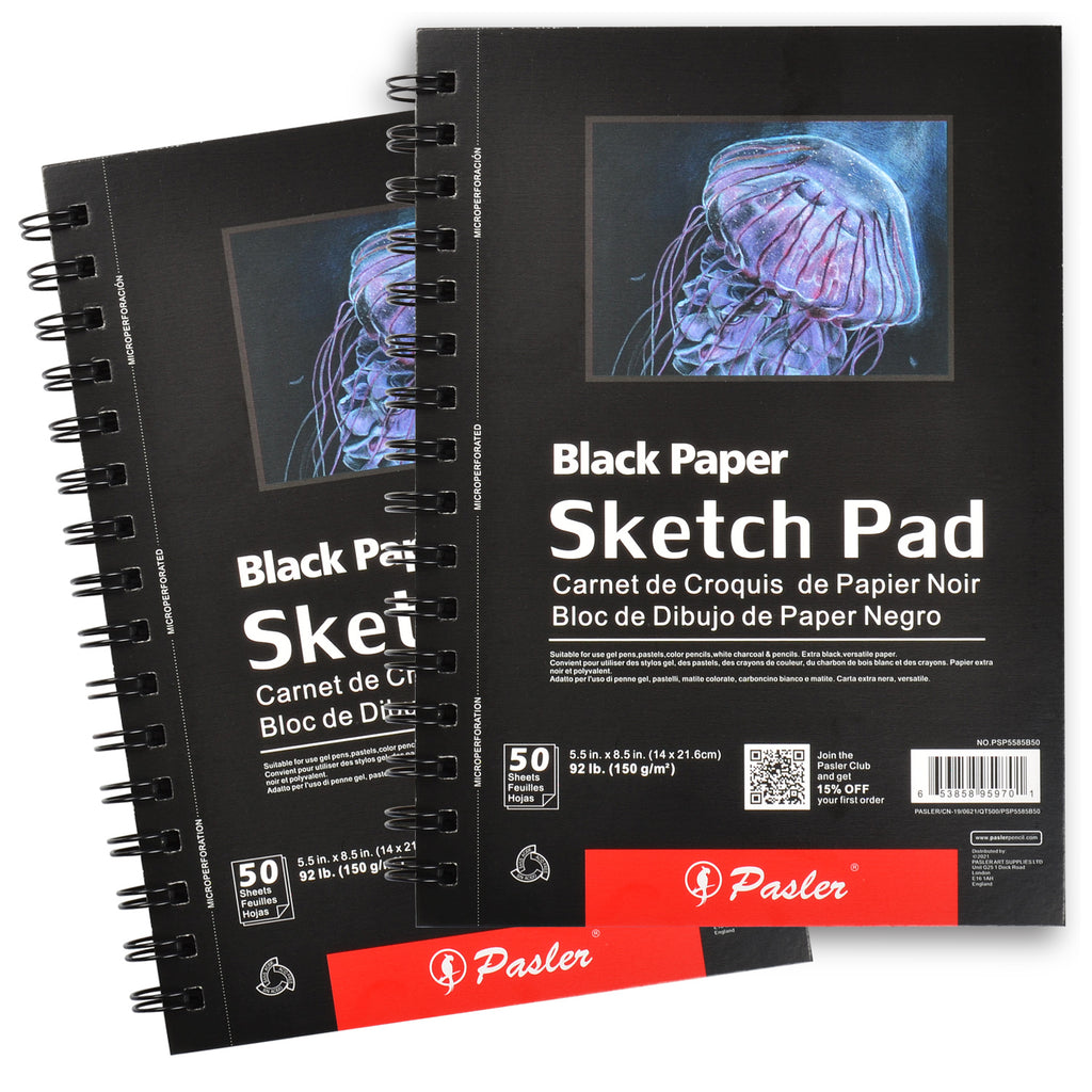Pasler 5.5X8.5 吋黑色素描本，2 件裝，100 張（92 磅/150 克/平方米），螺旋裝訂藝術家素描本，無酸繪畫紙