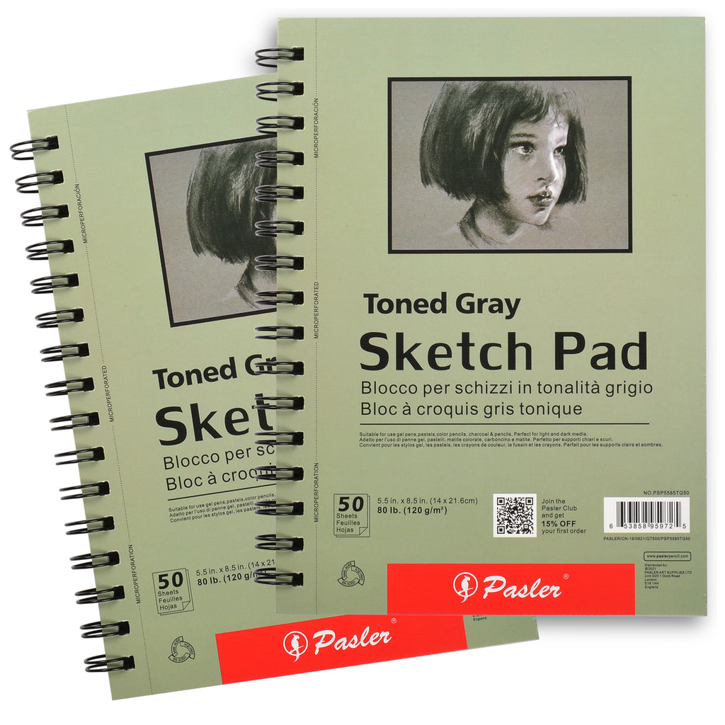 Pasler 5.5X8.5" Toned Gray Sketch Pad, 2 pack,100 Sheets (80lb./120gsm), Spiral Bound Artist Sketch Book, Acid Free Drawing Paper