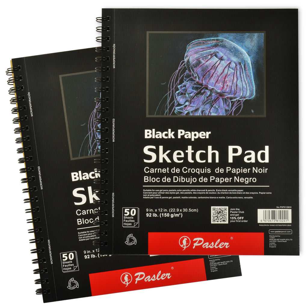 Pasler 9X12" Black Sketch Pad,2 Pack 100 Sheets (92lb./150gsm), Spiral Bound Artist Sketch Book, Acid Free Drawing Paper