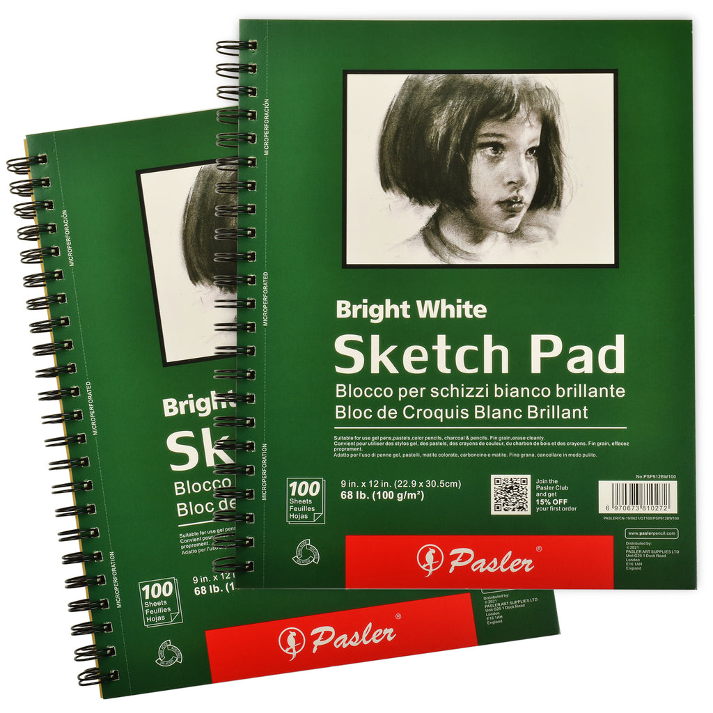 Pasler 9X12" Sketch Pad,2 pack, 200 Sheets (68lb./100gsm), Spiral Bound Artist Sketch Book, Full Wood Pulp Acid Free Drawing Paper Bright White